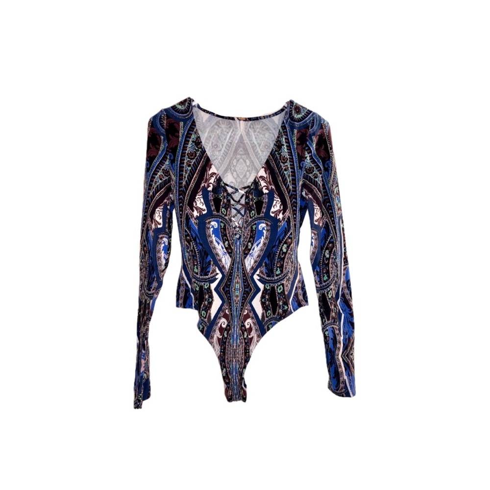 Free People Pick A Place Paisley Long-Sleeve Bodysuit in Blue – Size Small